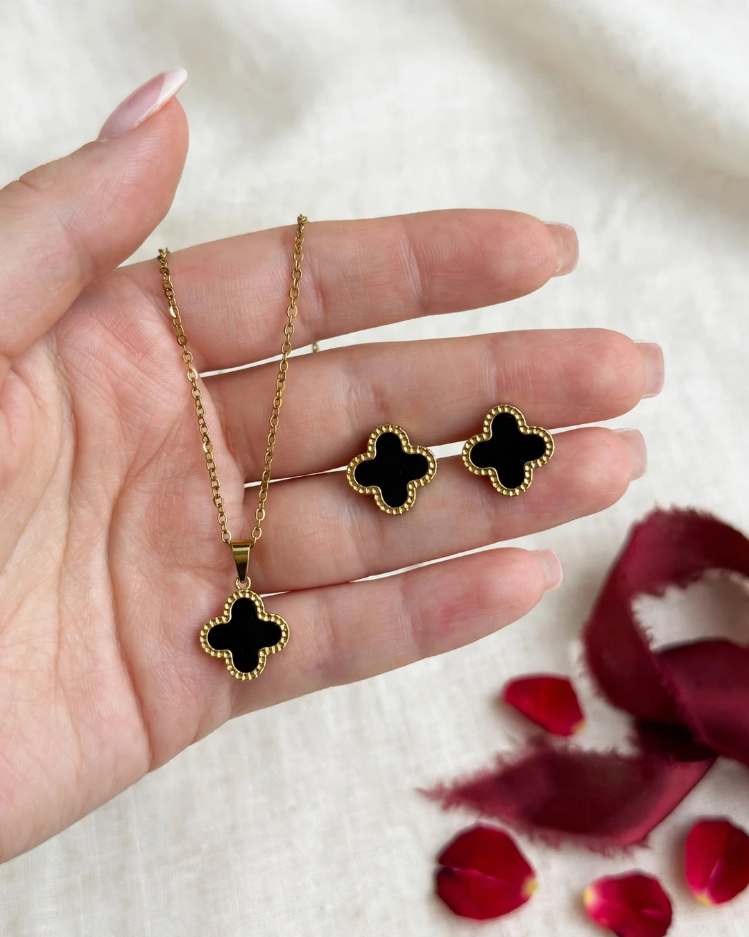 Gold Black Clover Necklace Set - Image 3
