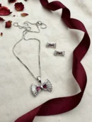 Silver Crystal Bow Pendant Set with Stud Earrings