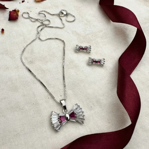Silver Crystal Bow Pendant Set with Stud Earrings