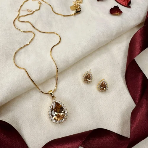 Gold Champagne Teardrop Pendant Set with Stud Earrings