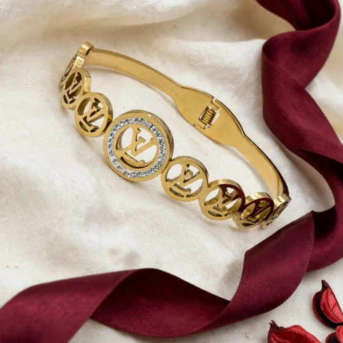 Designer Inspired Gold Monogram Charm Bangle