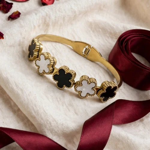 Gold Black & White Clover Bangle