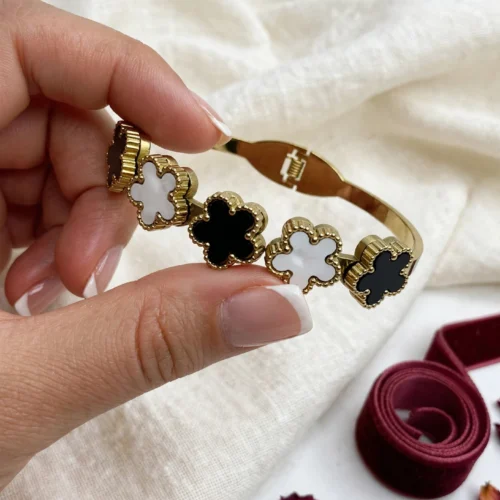 Gold Black & White Clover Bangle