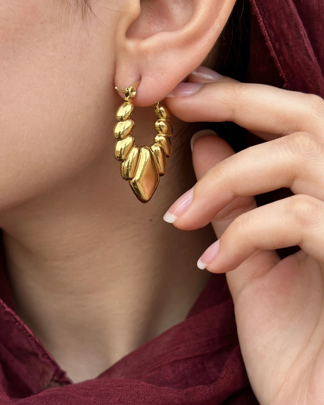 Gold Beaded Hoop Earrings - Image 2