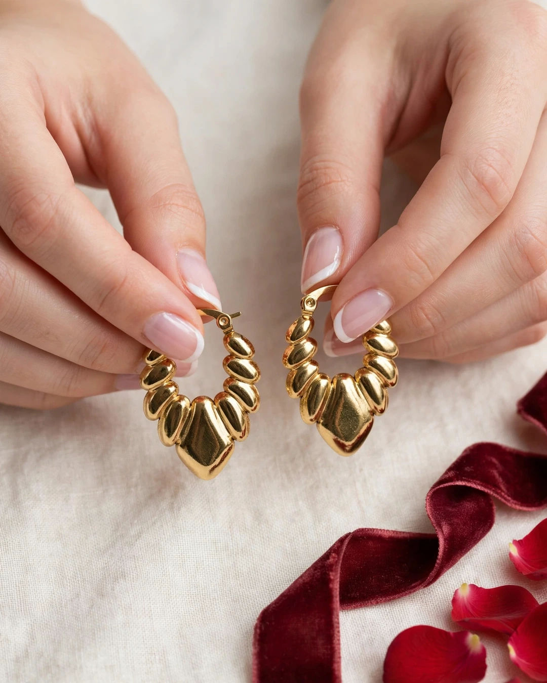Gold Beaded Hoop Earrings - Image 3