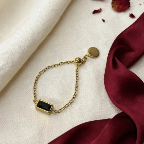 Gold Black Baguette Chain Ring — Adjustable