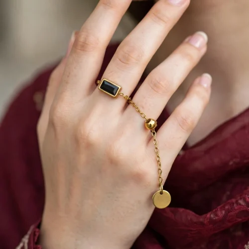 Gold Black Baguette Chain Ring — Adjustable