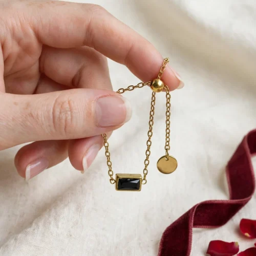Gold Black Baguette Chain Ring — Adjustable