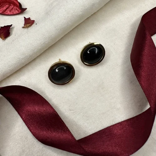 Gold Black Oval Stud Earrings