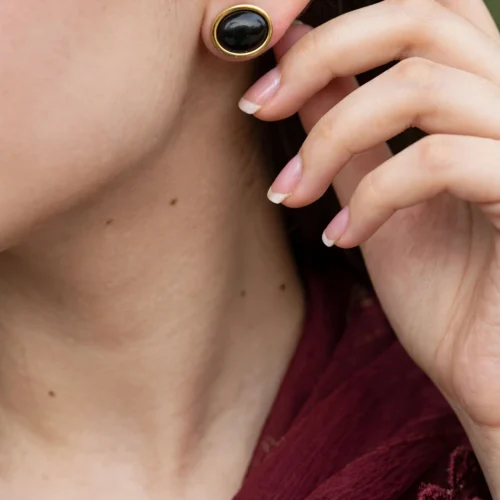 Gold Black Oval Stud Earrings
