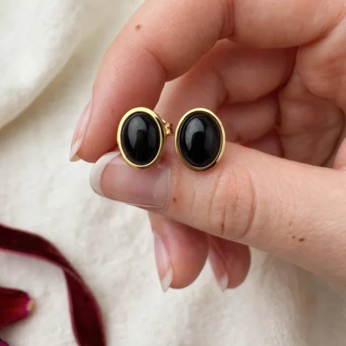 Gold Black Oval Stud Earrings