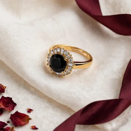 Gold Black Round Halo Ring