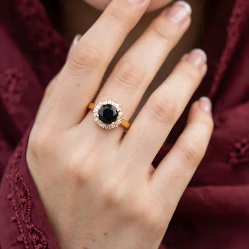Gold Black Round Halo Ring