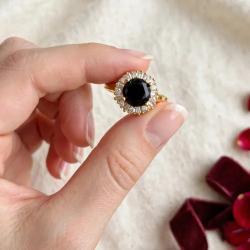 Gold Black Round Halo Ring