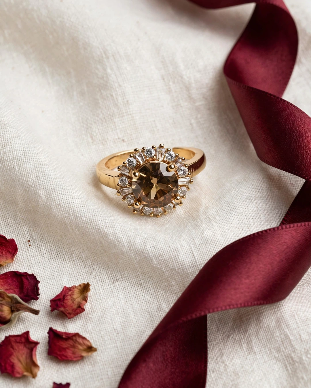 Gold Champagne Round Halo Ring