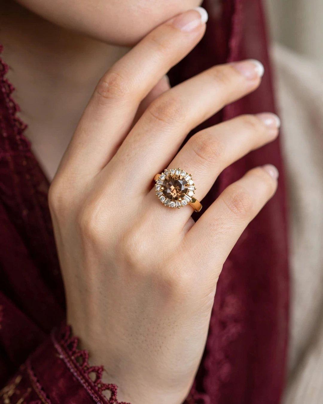 Gold Champagne Round Halo Ring - Image 2