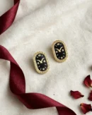 Gold Black Clock Stud Earrings