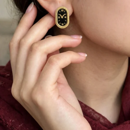 Gold Black Clock Stud Earrings