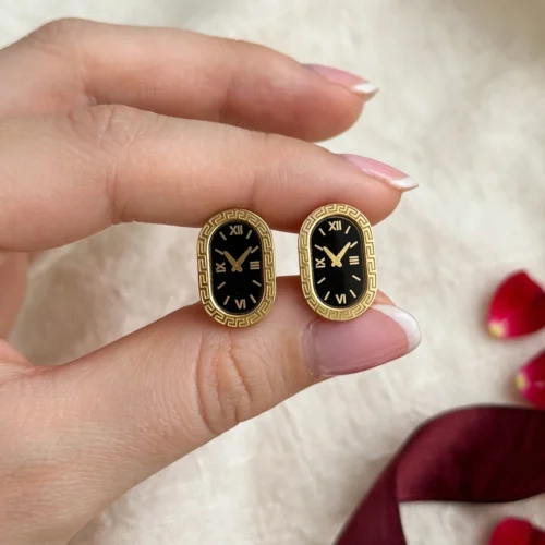 Gold Black Clock Stud Earrings