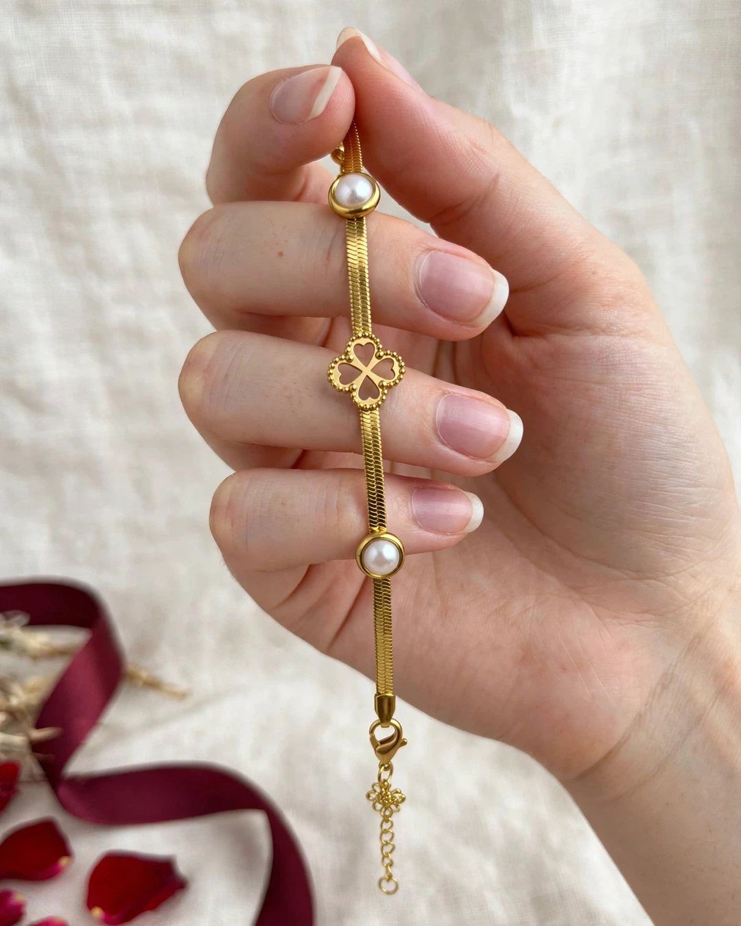 Gold Clover Pearl Snake Chain Bracelet - Image 3