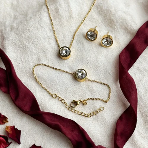 Gold Crystal Solitaire Set Necklace, Earrings & Bracelet