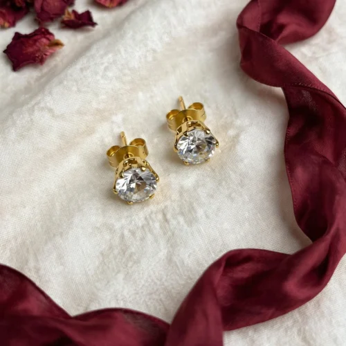 Gold Crystal Solitaire Stud Earrings