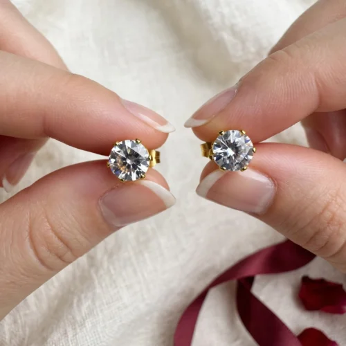 Gold Crystal Solitaire Stud Earrings