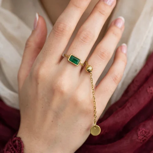 Gold Emerald Baguette Chain Ring — Adjustable