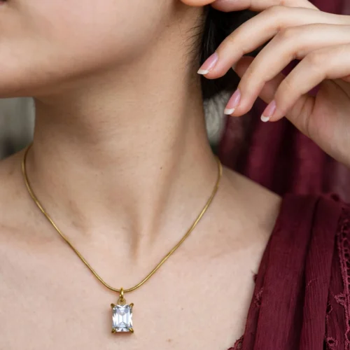Gold Emerald Cut Crystal Pendant Necklace