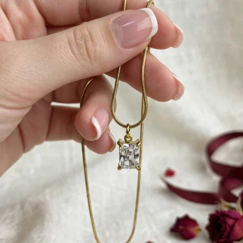 Gold Emerald Cut Crystal Pendant Necklace