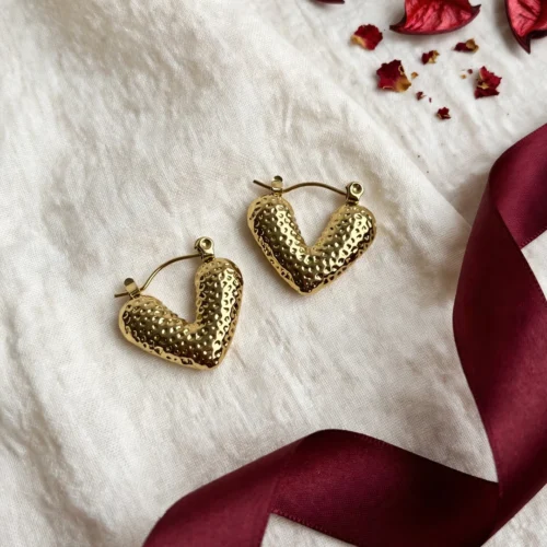Gold Textured Heart Hoop Earrings