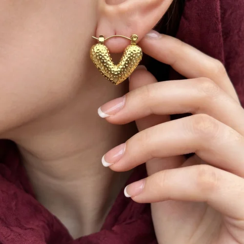 Gold Textured Heart Hoop Earrings