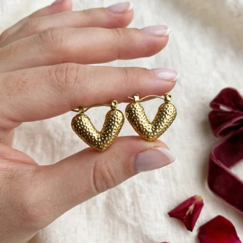 Gold Textured Heart Hoop Earrings