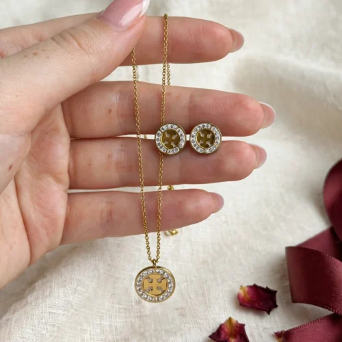 Designer Inspired Gold Crystal Medallion Necklace Set