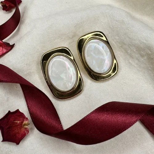 Gold Mother of Pearl Frame Stud Earrings