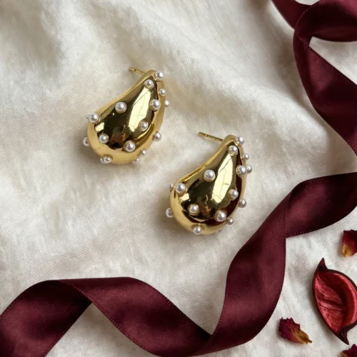 Gold Pearl Teardrop Stud Earrings
