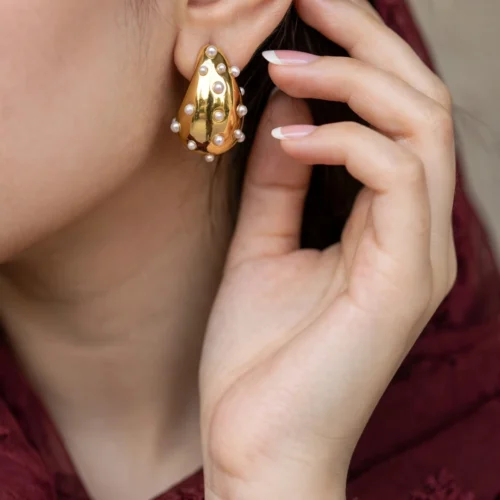 Gold Pearl Teardrop Stud Earrings