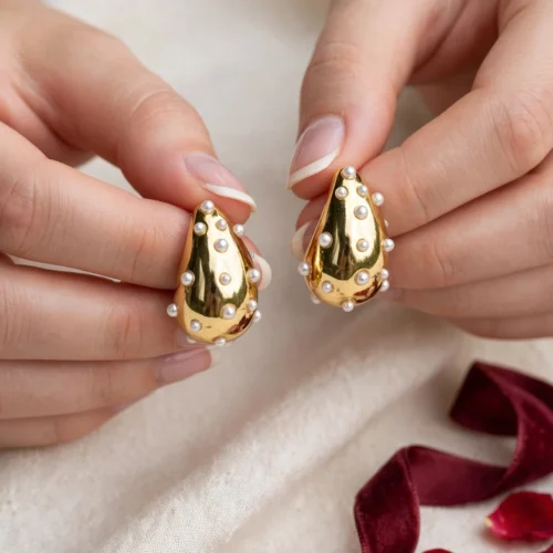 Gold Pearl Teardrop Stud Earrings