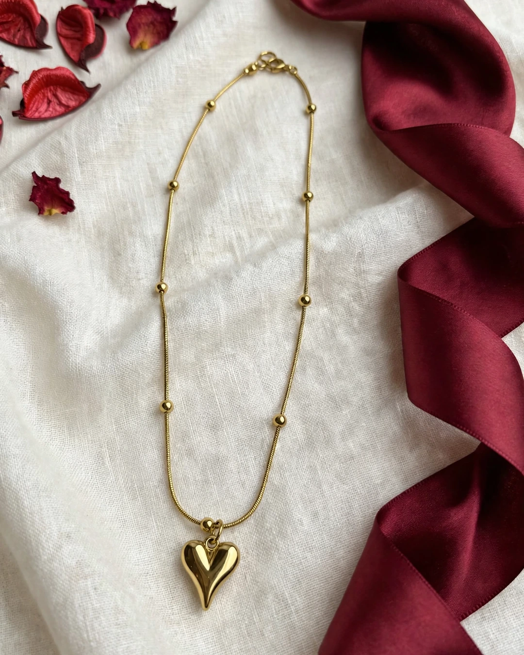 Gold Puffed Heart Pendant Necklace