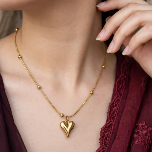 Gold Puffed Heart Pendant Necklace