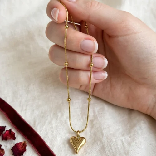 Gold Puffed Heart Pendant Necklace