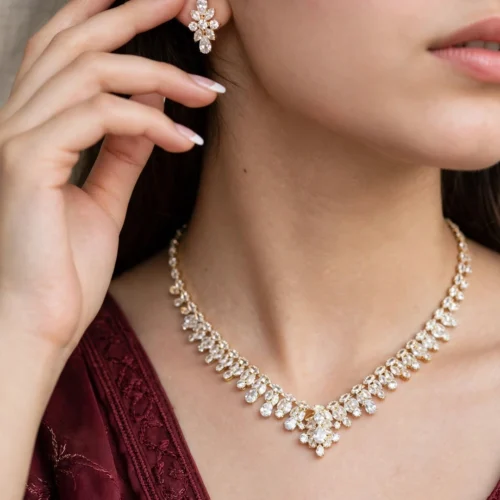 Golden Crystal Leaf Necklace Set