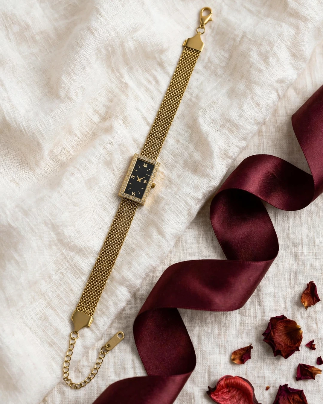 Gold Mesh Black Dial Watch Bracelet