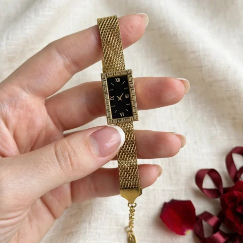 Gold Mesh Black Dial Watch Bracelet