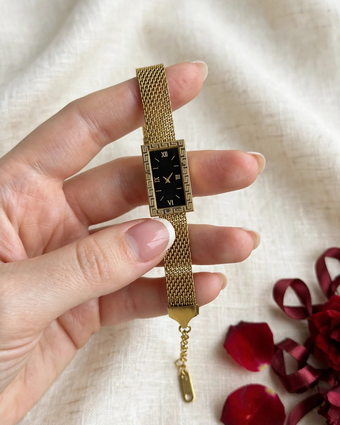 Gold Mesh Black Dial Watch Bracelet - Image 3