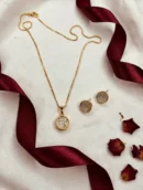 Gold Pavé Disc Pendant Set with Stud Earrings