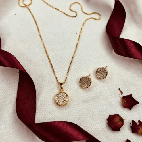 Gold Pavé Disc Pendant Set with Stud Earrings