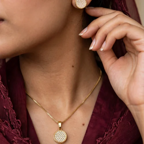 Gold Pavé Disc Pendant Set with Stud Earrings
