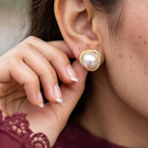 Gold Pearl Crystal Stud Earrings