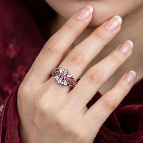 Silver Pink Starburst Ring